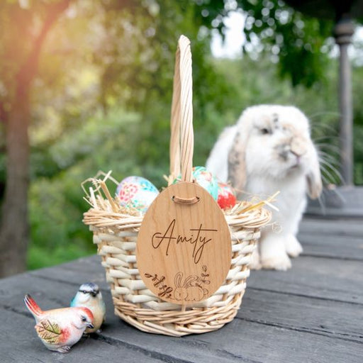 Easter Basket with Custom Engraved Easter Egg shape wooden gift tag