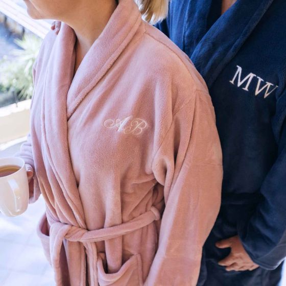 Monogrammed bathrobe with custom thread colour and font, perfect gift for birthdays or Mother’s Day