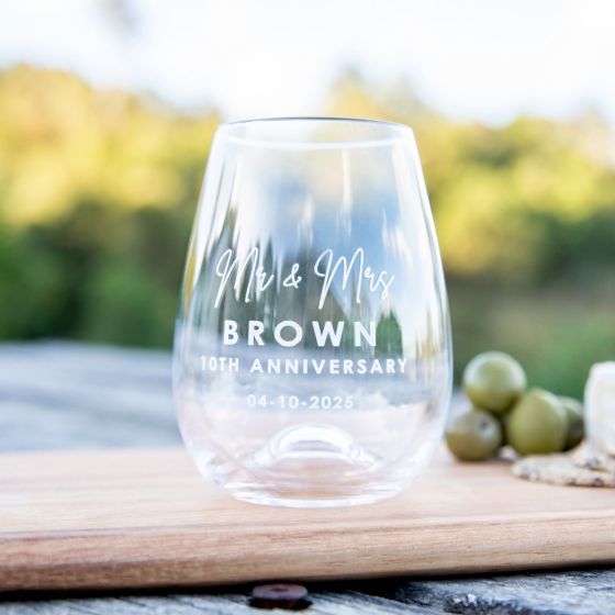 Customised Engraved Anniversary Stemless wine Glass Present- "Best Friends for Life Husband & Wife"