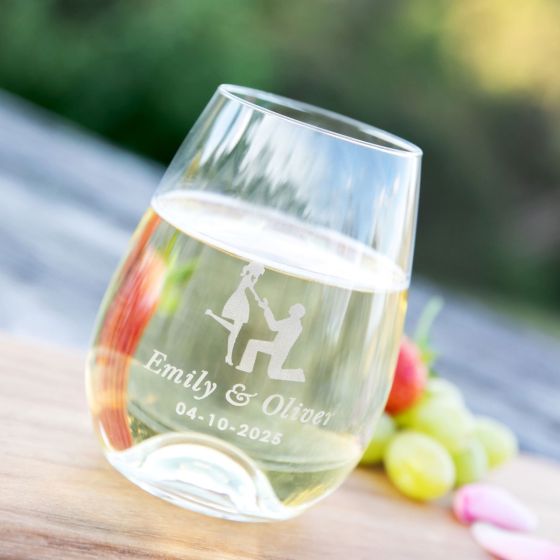 Engraved Engagement Wine Glass – Personalised 460ml Stemless Glass