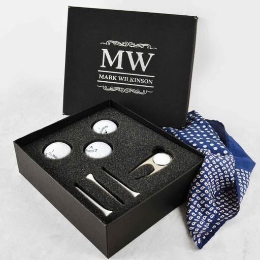 Customised Engraved Christmas Black Leather Gift Box with Golf Ball Set Present