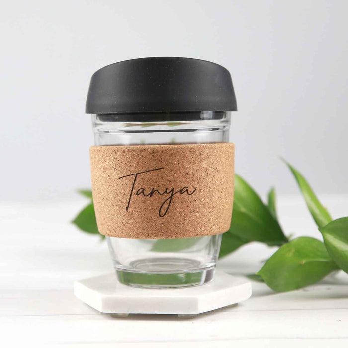 Personalised Engraved Name Cork Band Reusable Glass Coffee Keep Cup Birthday Gift