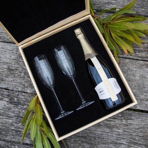 Personalised Engraved Wooden Gift Boxed Champagne Glass Set