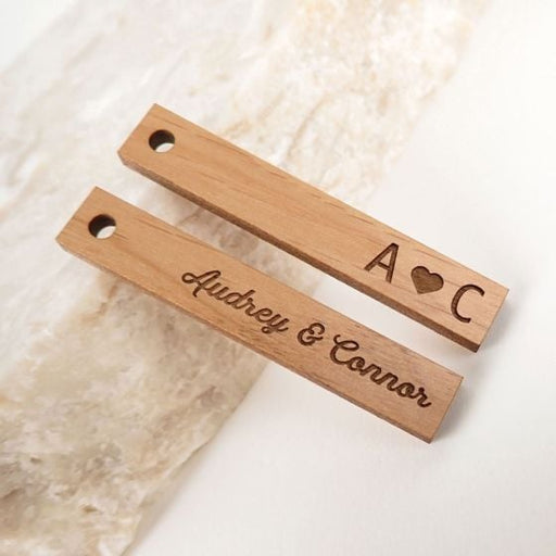 Custom designed laser cut and engraved slim lined rectangle wooden wedding gift tag favour.