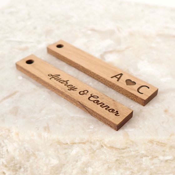 Customised engraved with wedding details rectangle wooden favour gift tag