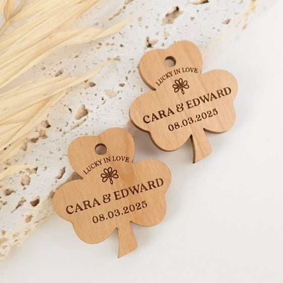 Personalised laser cut and Engraved Wooden Shamrock good luck Gift Tags