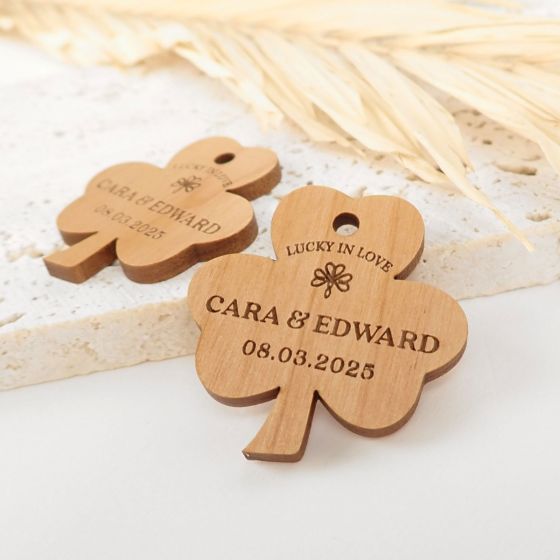 Custom designed Engraved Wooden Irish Shamrock Gift Tags for wedding favours