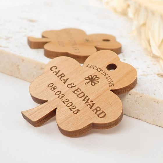 Customised Engraved Wooden Shamrock shaped Gift Tags for wedding reception favours