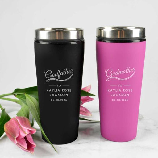 Personalised Engraved Godparent's Black & Pink Thermo Travel Mugs Present for Christenings, Baptism & Naming Days
