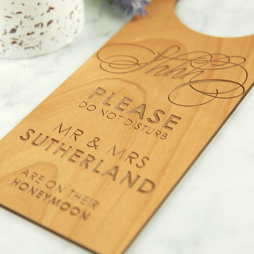 Custom Designed Engraved Wooden Honeymoon Bride & Groom Gift Door Hanger Sign