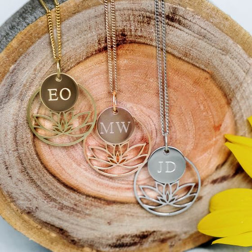 Customised Gold, Rose Gold, Silver Lotus Necklace with Engraved Initial Pendant Mother's Day Present