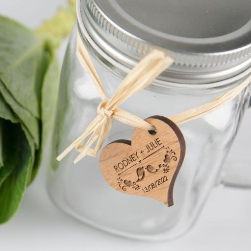 Engraved wooden gift tag with raffia tie for mason jar