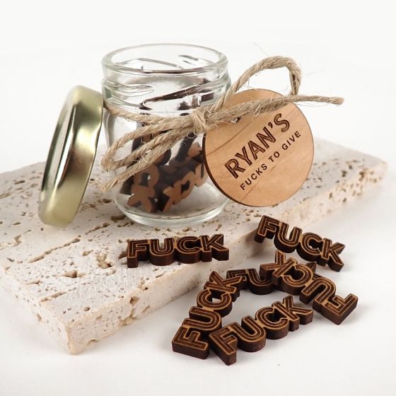 Custom Engraved Name Wooden Round Gift Tag jar With inappropriate F*ck Tags