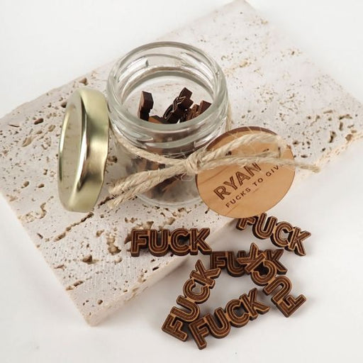 Custom Engraved Name Wooden Gift Tag With F*ck Tag and Small Jar