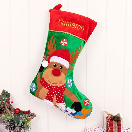Personalised Embroidered Gold Name Reindeer Stocking