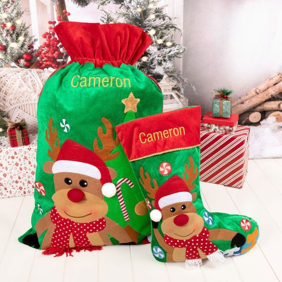 Personalised Reindeer Sack and Stocking Christmas Set
