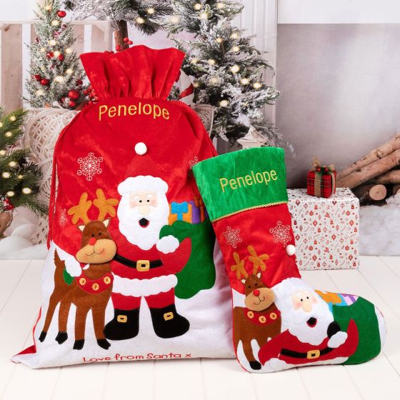 Customised Embroidered Santa and Reindeer Santa Sack and Stocking