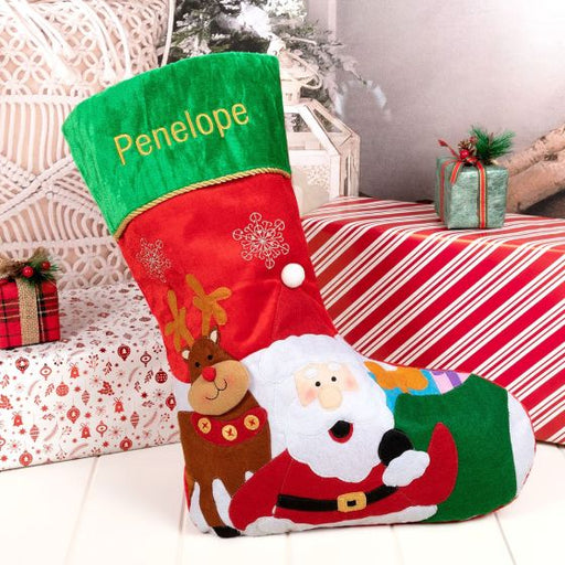 Customised Gold Embroidered Name Santa and Reindeer Stocking
