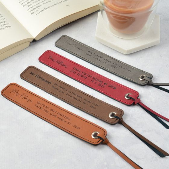 Personalised Engraved Leatherette Grey, Brown & Red Teacher Bookmarks gift present