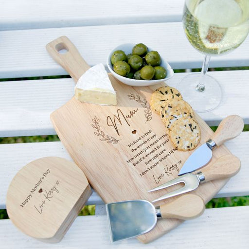 Custom Designed  Engraved Ultimate Mother's Day Hamper Gift- Wooden Paddle Board, Wine Glass, Cheese Knife Set