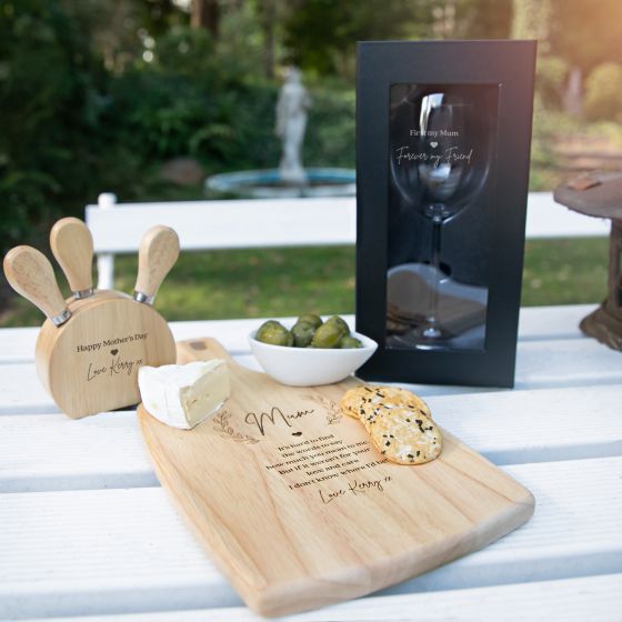 Custom Artwork Engraved Mother's Day Wooden Paddle Board, Wine Glass, Cheese Knife Set Present
