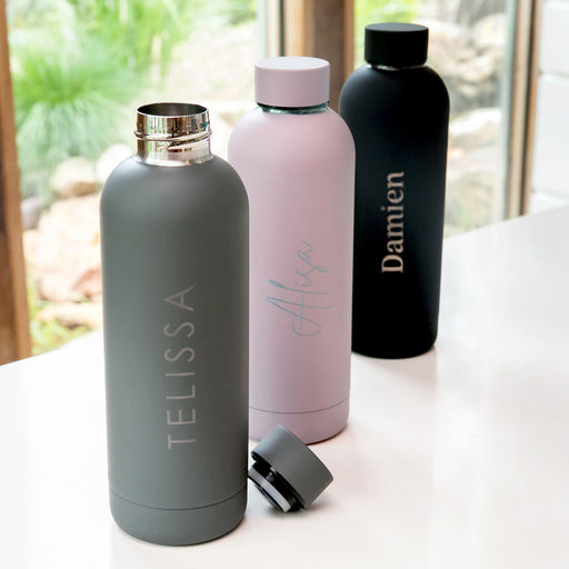 Customised Engraved Name Black, Mauve and Charcoal 500ml Stainless Steel Water Bottle Homeware