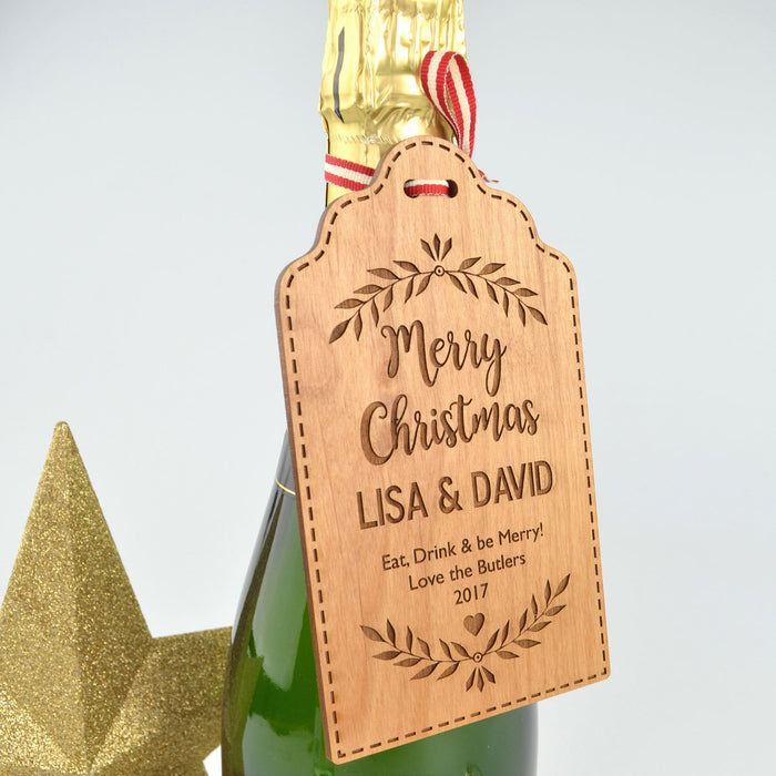 Customised Engraved Merry Christmas Wooden Wine Bottle Tag Present