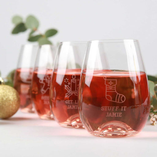 Set of 4 Engraved Christmas 460ml Stemless Wine Glasses