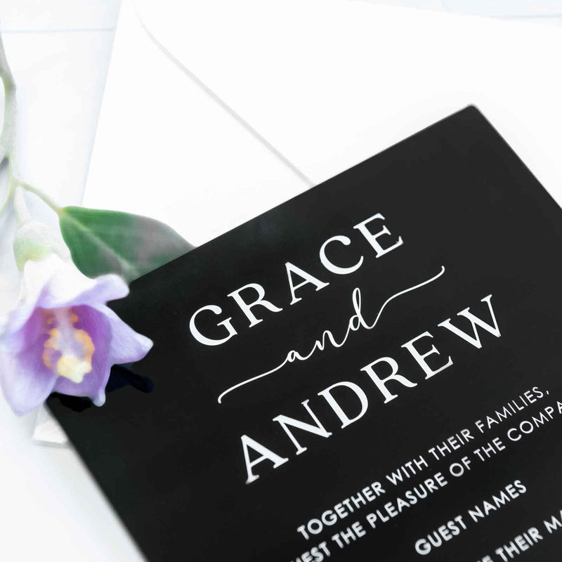 Custom Designed Engraved Black Acrylic Wedding Invitation 5x7