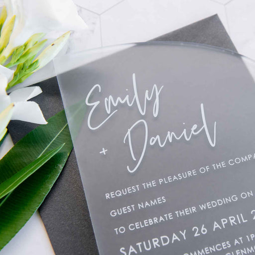 Customised Engraved 5x7 Acrylic Frosted Semi Arch Wedding Invitations