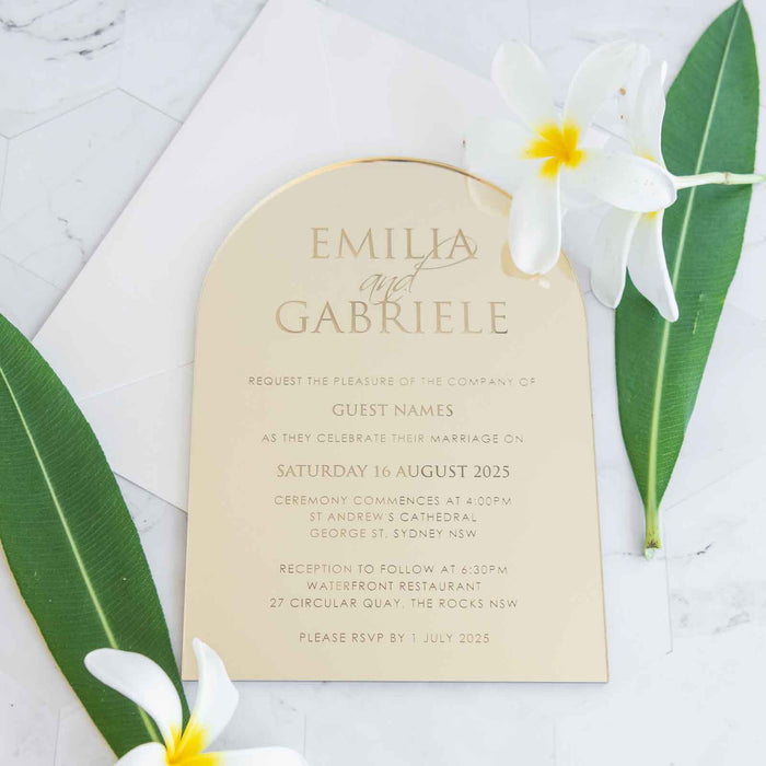 Custom Artwork Engraved Acrylic 5x7 Mirror Gold Arch Wedding Invitations Save the Date