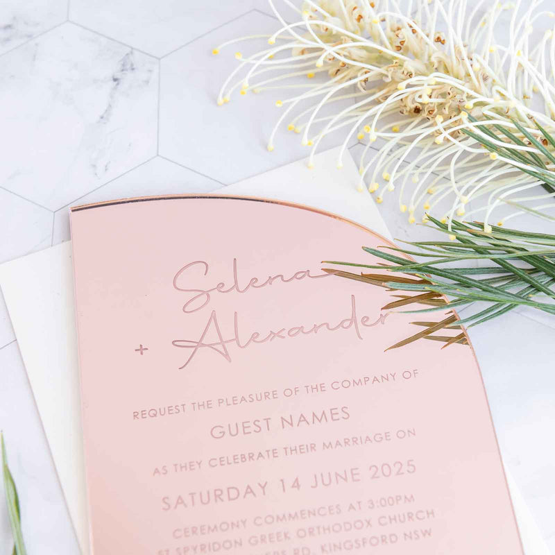 Custom Artwork Engraved 5x7 Mirror Acrylic Semi Arch Wedding Invitations