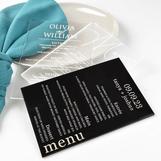Personalised Engraved Clear, Frost & Black Acrylic Wedding Reception Menus