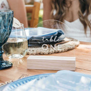 Custom Artwork Engraved Clear Acrylic Arch Table Number with Wooden Base