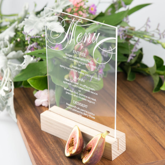 Engraved Clear Acrylic Menu with Wooden Base