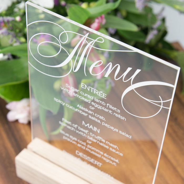 Engraved Clear Acrylic Menu with Wooden Base
