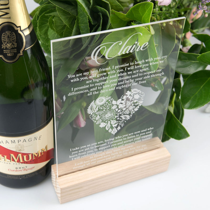 Engraved Clear Acrylic Wedding Vows with Wooden Base