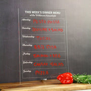 Customised Engraved Clear Acrylic Weekly Dinner menu organiser