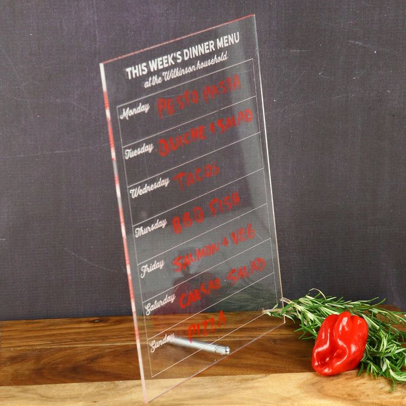 Custom Designed Engraved Clear Acrylic Weekly Kitchen Dinner menu organiser