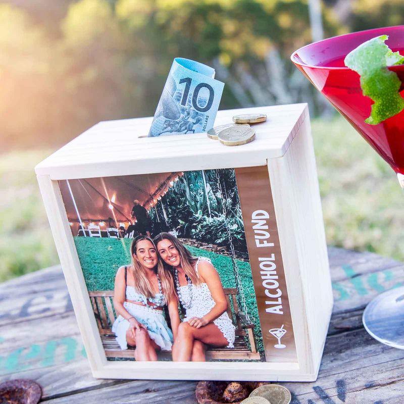 Custom Artwork Photo Printed Alcohol Fund Wooden Money Box Kris Kringle Present