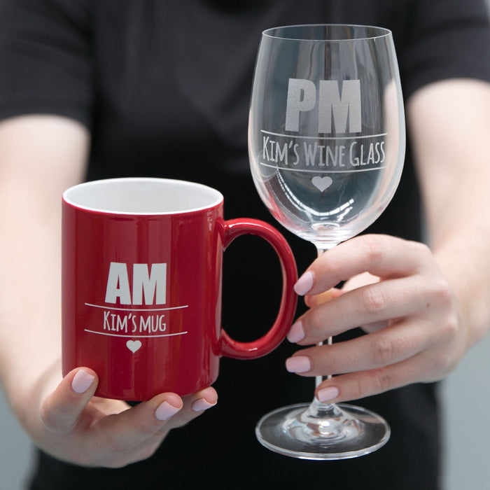 Personalised Engraved Mother's Day Am Red Mug and PM Wine Glass Present