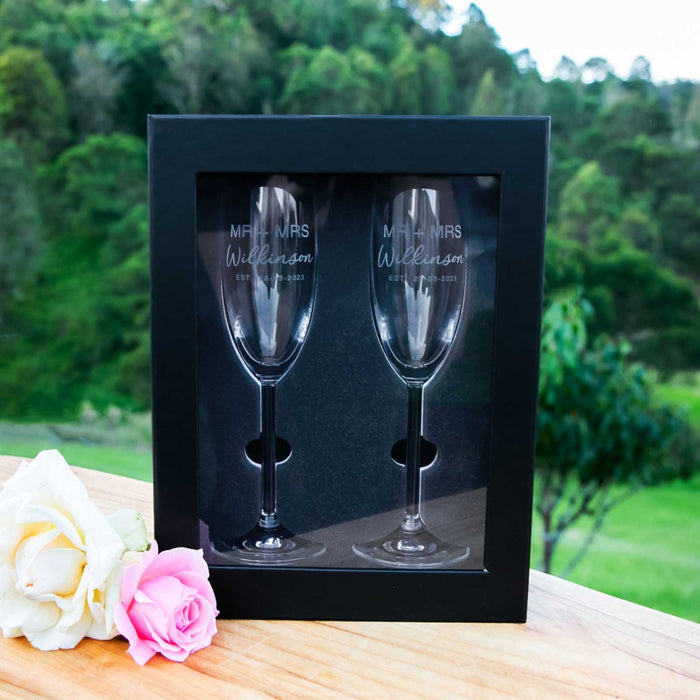Personalised Engraved Twin Gift Boxed Wedding Anniversary Champagne Flutes Glasses