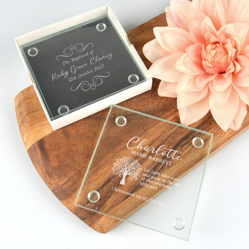 Customised Engraved Baptism Baby Glass Coaster Favour in Display Box