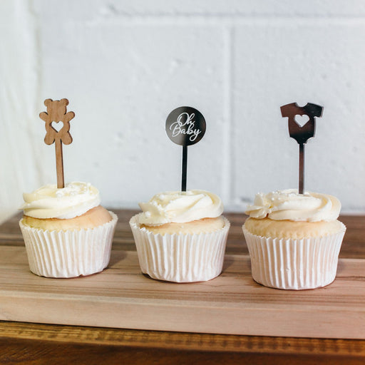 Customised Laser Cut & Engraved Wooden Bear & Silver Acrylic baby Shower Cupcake Toppers