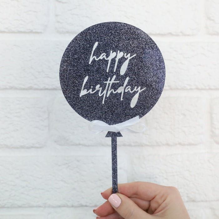 Birthday Balloon Glitter Acrylic Cake Topper with Ribbon