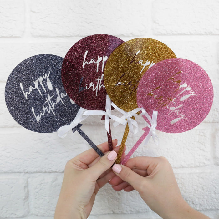 Laser Cut Birthday Balloon Glitter Black, Red, Gold & Pink Acrylic Cake Topper with Ribbon