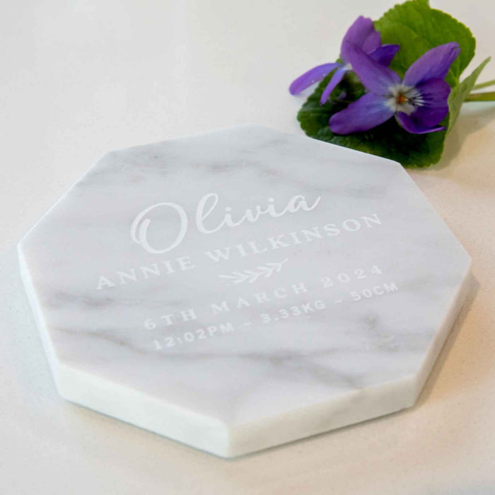 Customised Engraved White Octagonal Birth Announcements Marble Coasters Present
