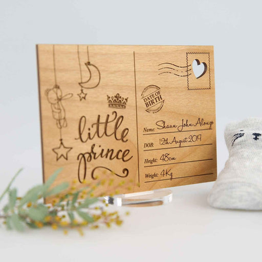 Customised Engraved Wooden Baby Announcement or keepsake Postcard with Stand  Present