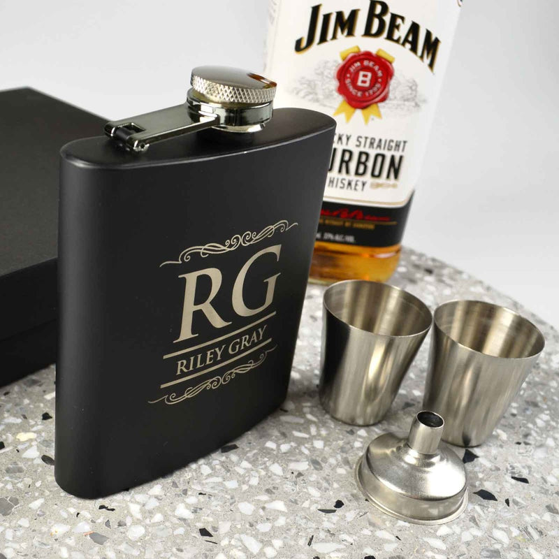 Personalised Engraved  Birthday Black Hip Flask With Silver Shot Glasses and Funnel in Presentation Box