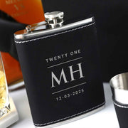 Customised Engraved Birthday Silver & Black Leatherette Hip Flask and shot Glass Set Present